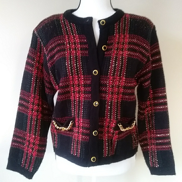 Just for Petites Plaid Chain Link Cardigan Sweater PM Black Red - Picture 2 of 16